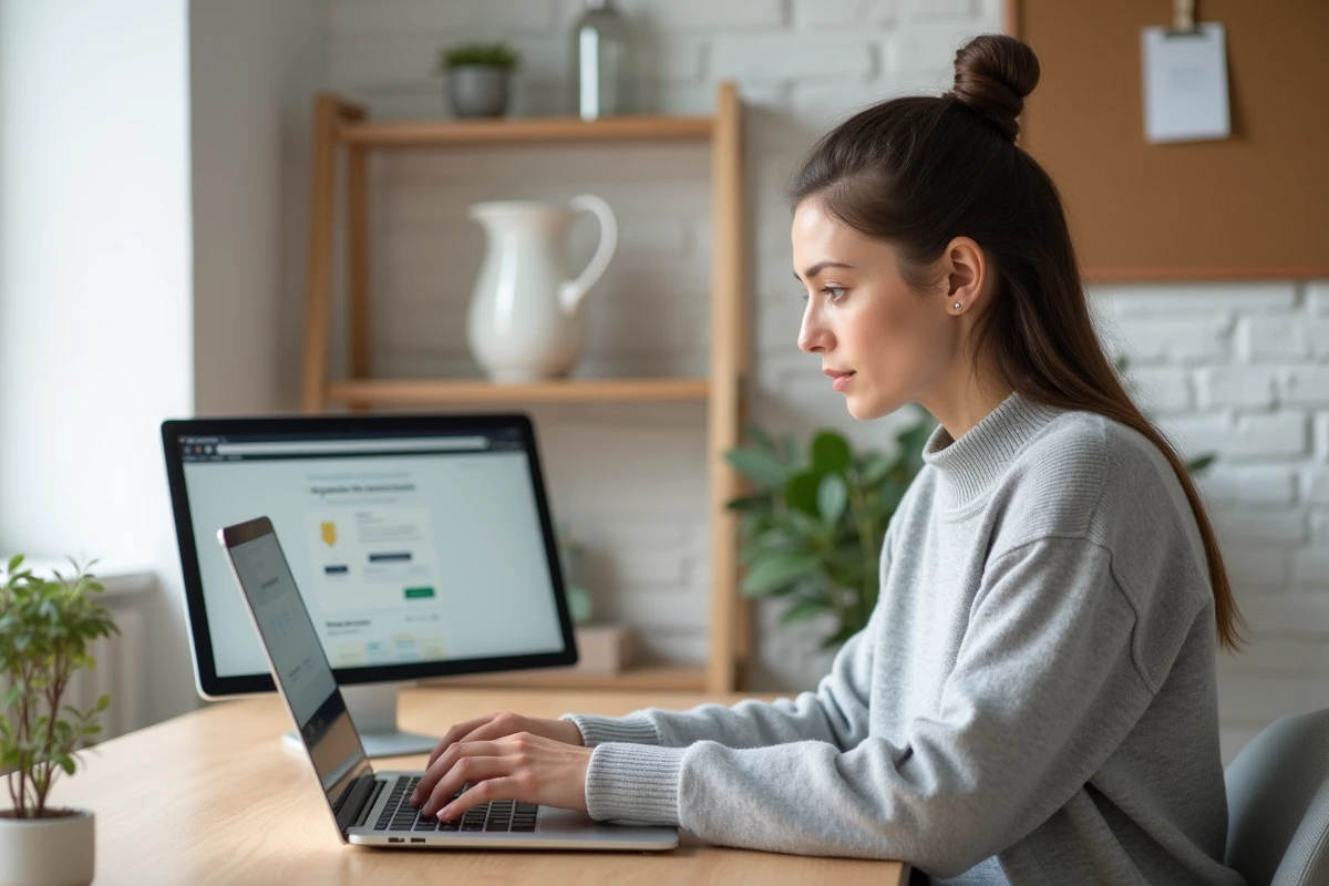 Femme utilisant Swisstransfer sur un ordinateur portable dans un bureau à domicile pour envoyer des fichiers rapidement