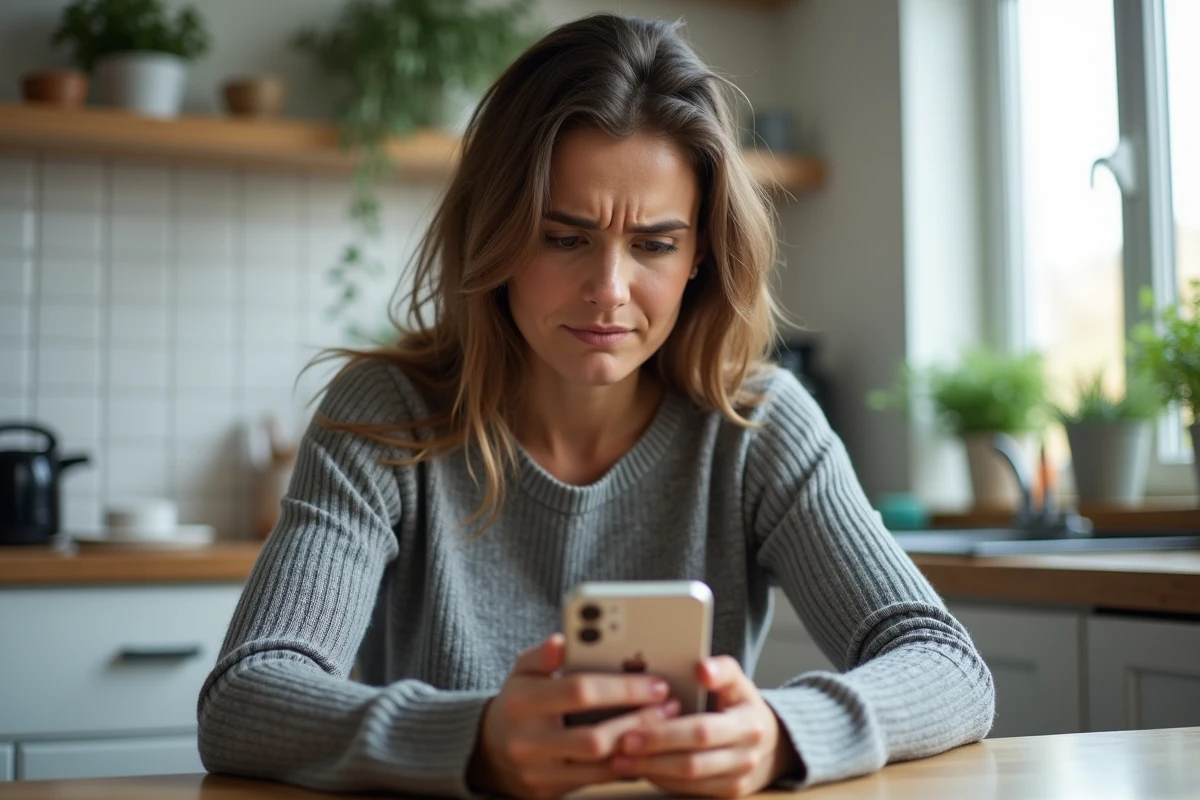 Femme frustrée consultant iCloud Find sur son iPhone avec une erreur de localisation affichée à l'écran