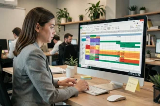 Femme professionnelle consultant un tableau Excel avec des formules de moyenne pondérée sur un grand écran dans un bureau moderne