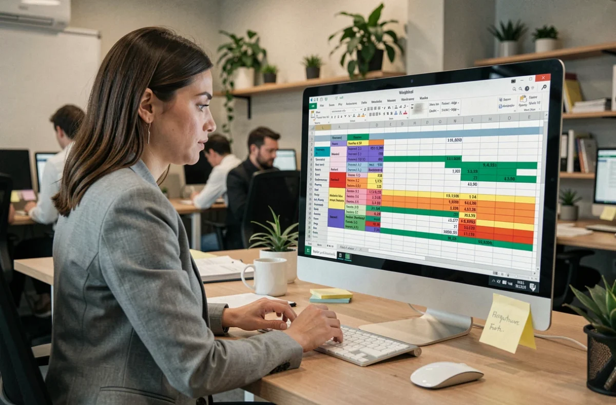 Femme professionnelle consultant un tableau Excel avec des formules de moyenne pondérée sur un grand écran dans un bureau moderne
