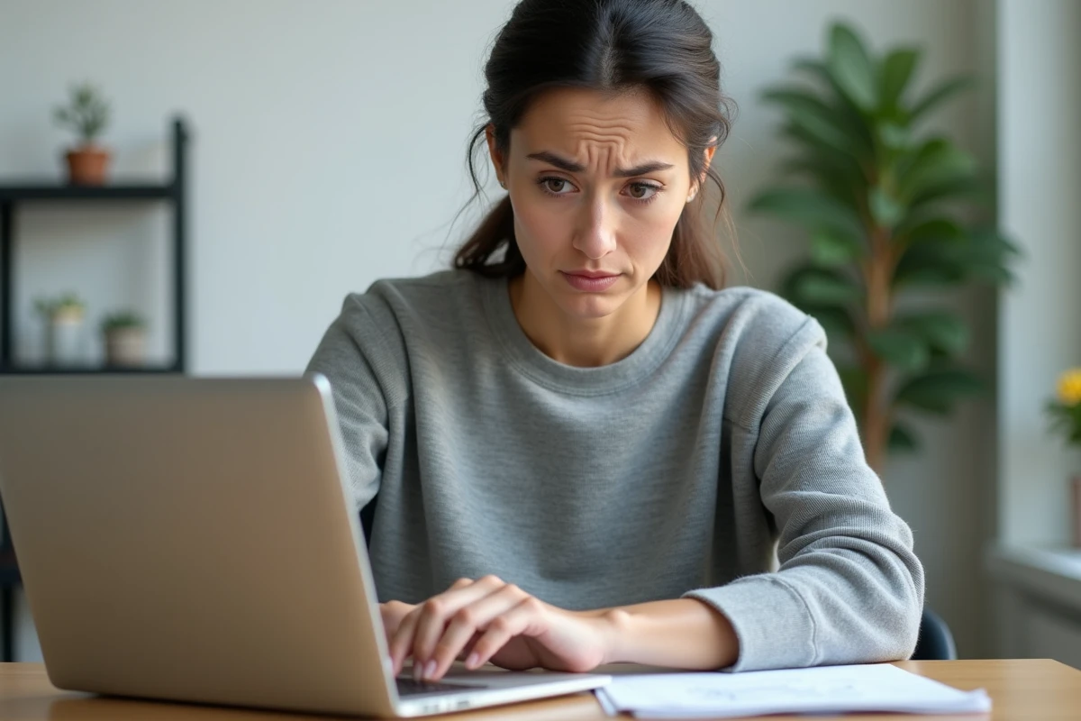Femme frustrée devant un clavier d'ordinateur portable en train de chercher la touche arobase