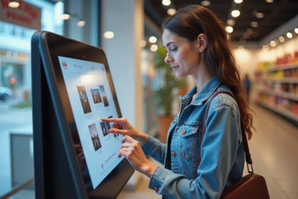 Femme en denim utilisant une borne d'impression Carrefour