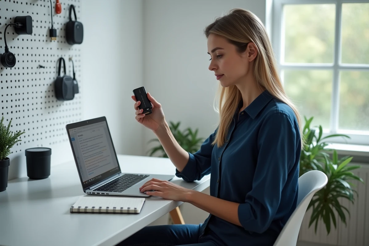Femme inspectant un dongle HDMI 4K sans fil à son bureau avec un ordinateur portable affichant une page de dépannage