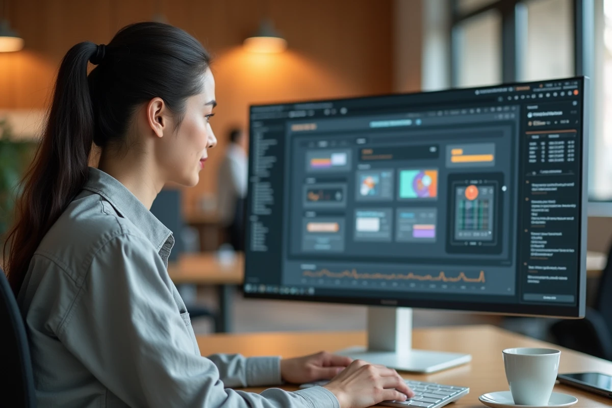 Femme utilisant une interface graphique sur un ordinateur de bureau dans un bureau moderne