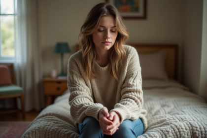 Jeune femme en réflexion dans une chambre chaleureuse