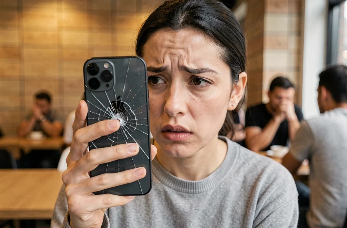 Femme tenant un iPhone 11 avec écran cassé dans un café, exprimant de l'inquiétude face au coût de réparation