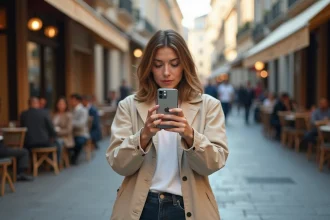 Femme tenant un iPhone 13 mini pour photographier une rue urbaine, illustrant les capacités photo du smartphone compact d'Apple
