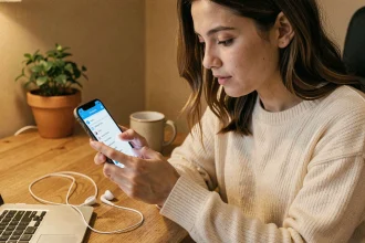 Jeune femme utilisant son iPhone pour personnaliser sa sonnerie avec une chanson personnelle, assise à un bureau en bois à la maison