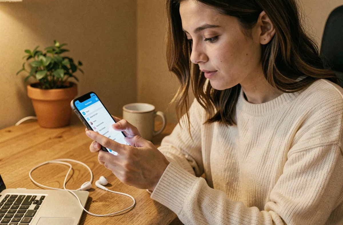 Jeune femme utilisant son iPhone pour personnaliser sa sonnerie avec une chanson personnelle, assise à un bureau en bois à la maison