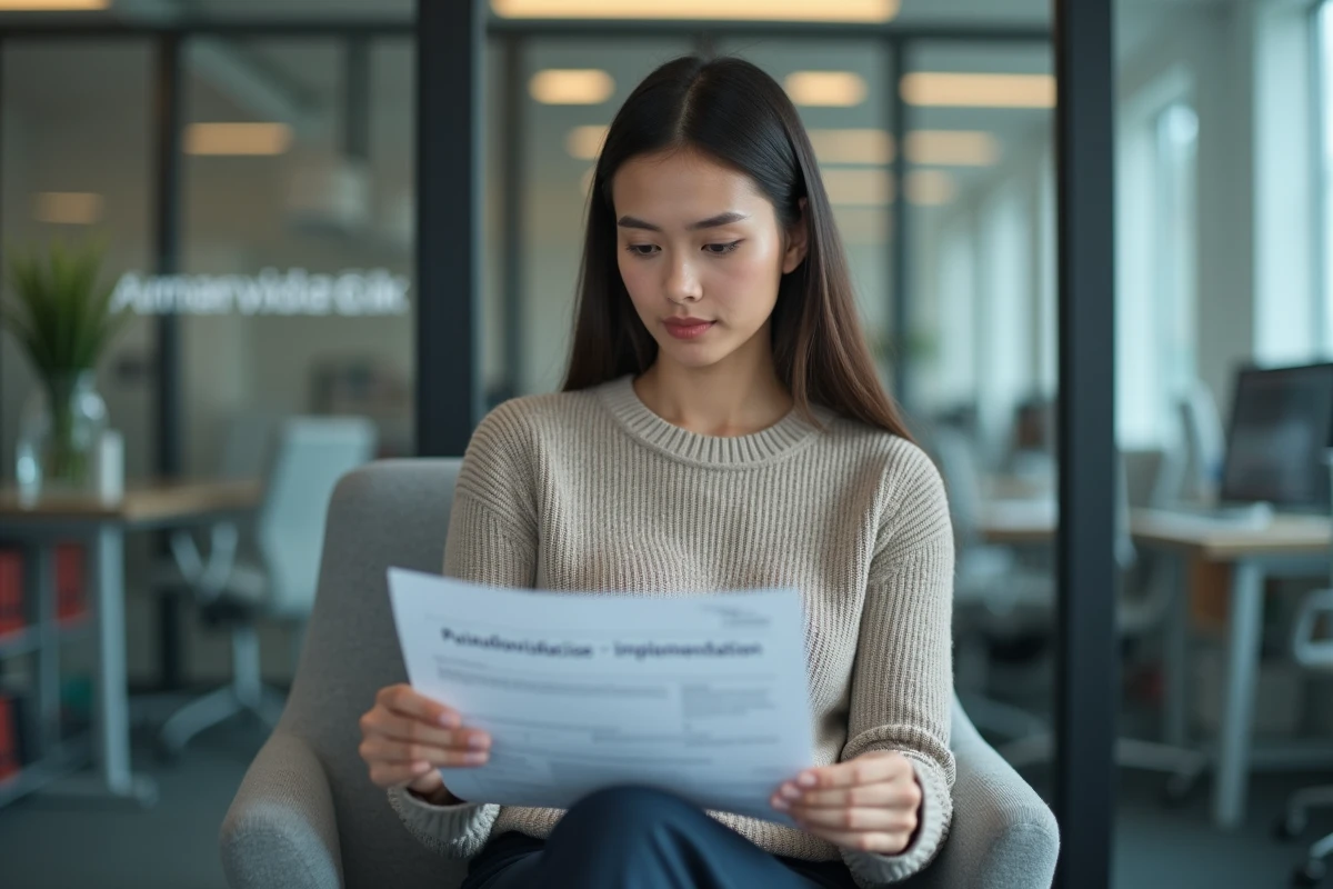 Jeune femme IT lisant un rapport sur Puixudosvisdacize dans un espace moderne