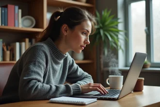 Femme concentrée jouant au Démineur sur un ordinateur portable dans un bureau à domicile