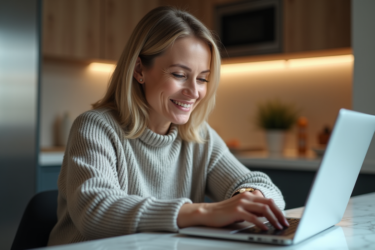 Femme d'âge moyen supprimant un email spam dans une cuisine moderne