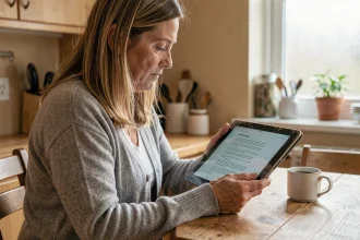 Femme lisant un document PDF sur une vieille tablette Android dans une cuisine