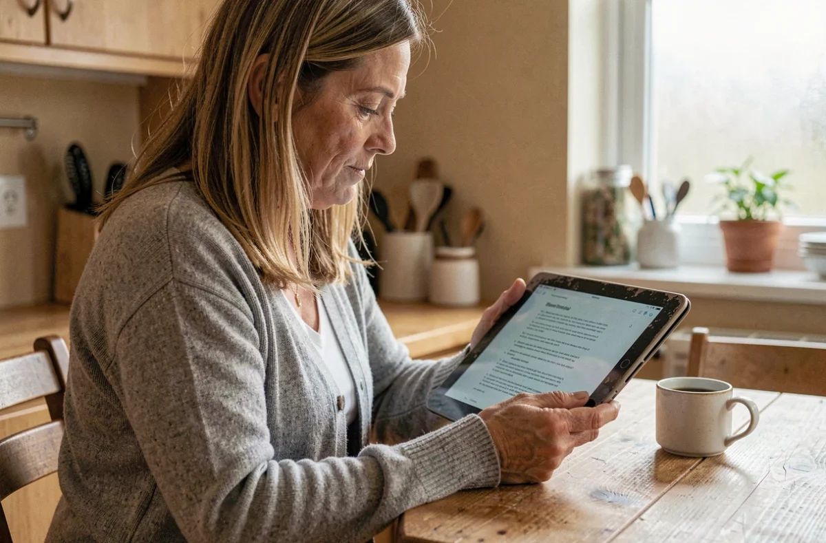 Femme lisant un document PDF sur une vieille tablette Android dans une cuisine