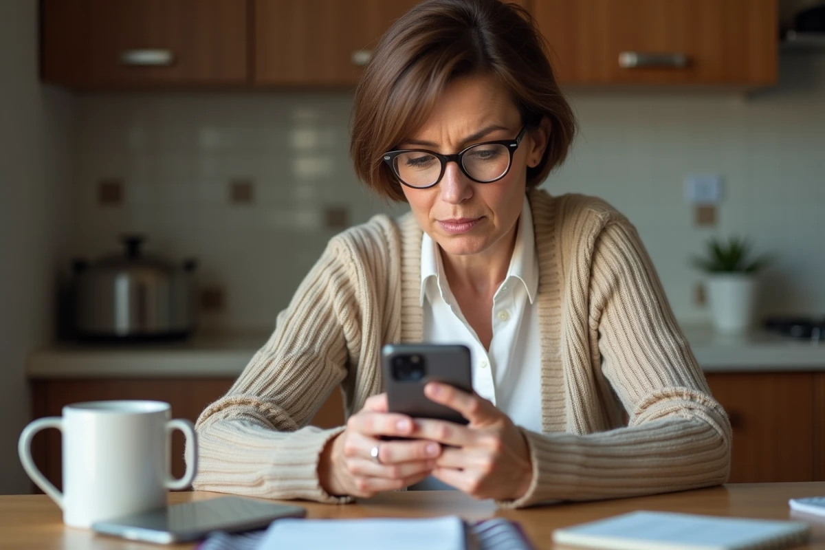 Femme âgée lisant son smartphone à la cuisine