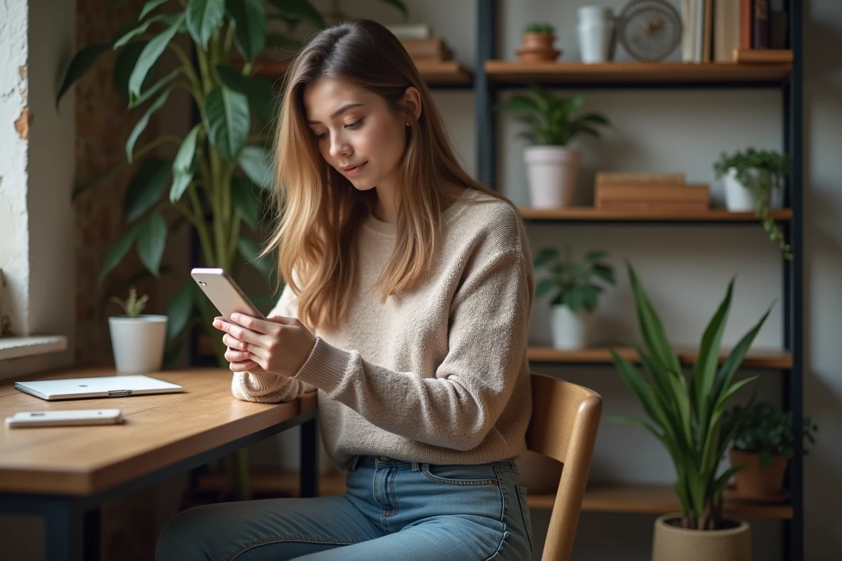 Femme assise à un bureau en ville regardant son téléphone