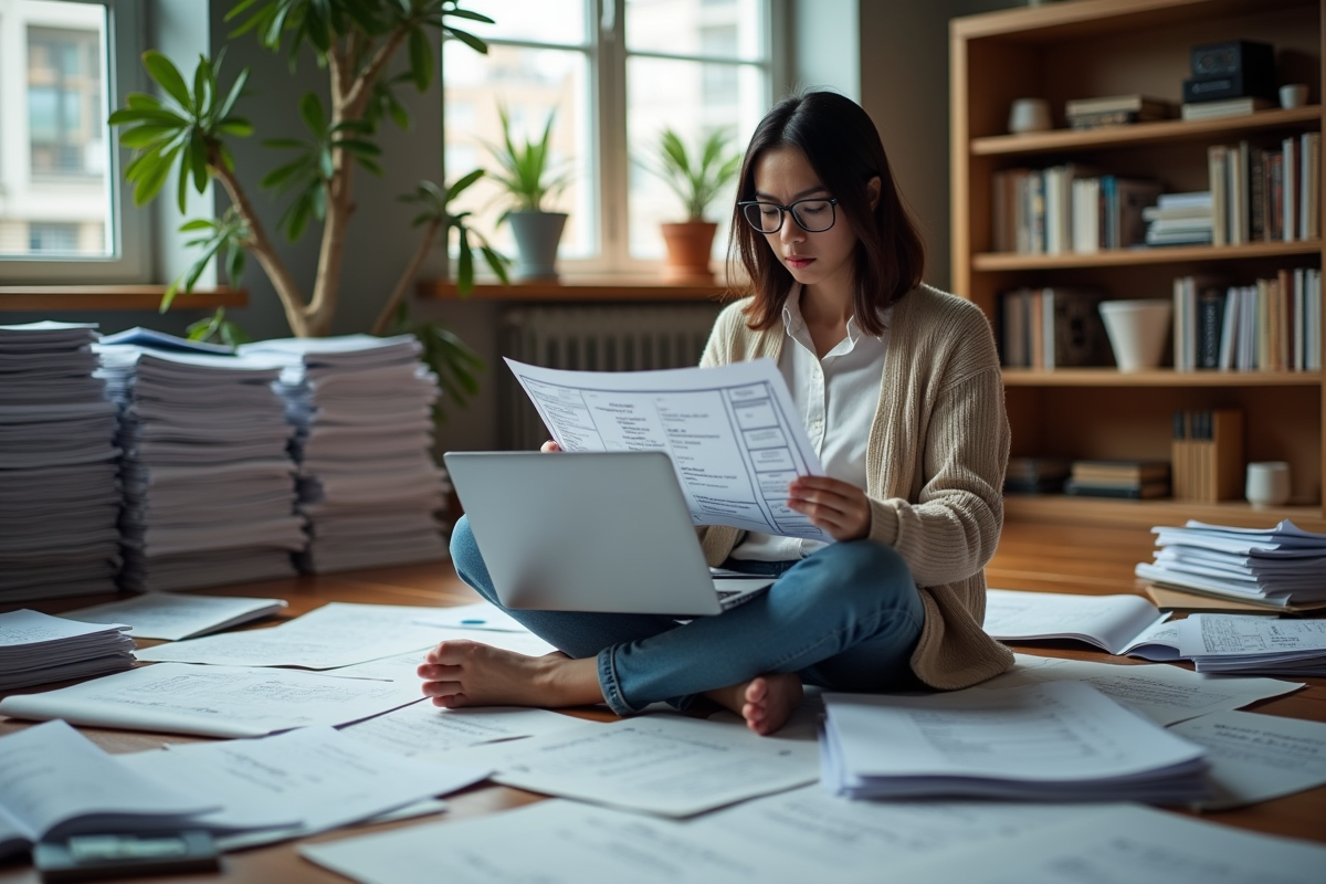 Femme étudiant des diagrammes de logiciel sur papier