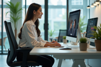 Jeune femme en bureau moderne utilisant un chatbot AI