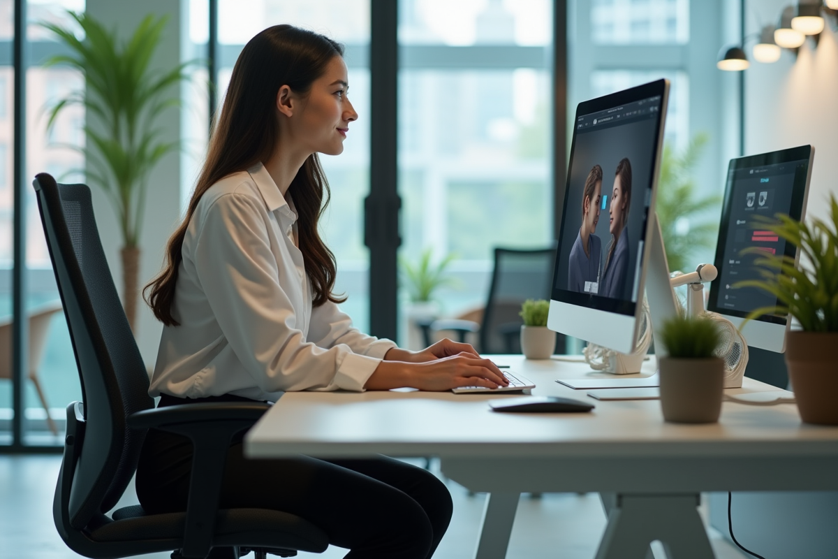 Jeune femme en bureau moderne utilisant un chatbot AI