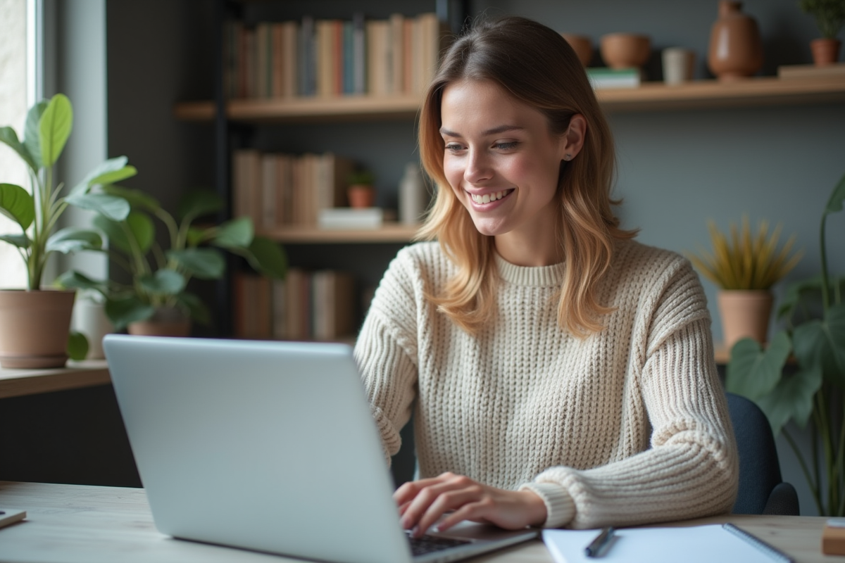 Jeune femme utilisant un ordinateur pour l'éducation MBN
