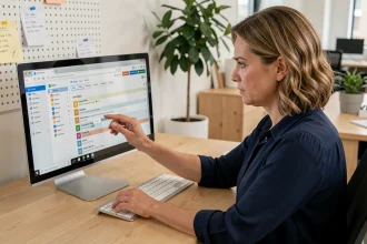 Femme professionnelle organisant sa boîte de réception Webmel sur un ordinateur de bureau dans un bureau moderne