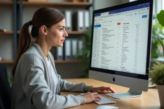 Femme universitaire organisant sa boîte mail webmail AC Grenoble sur un ordinateur de bureau dans un bureau académique moderne