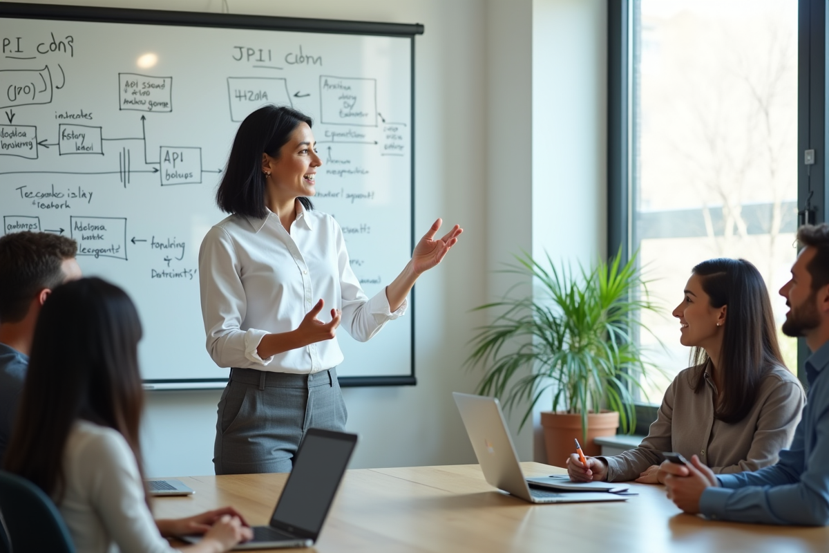 Femme expliquant des diagrammes API et JSON en réunion