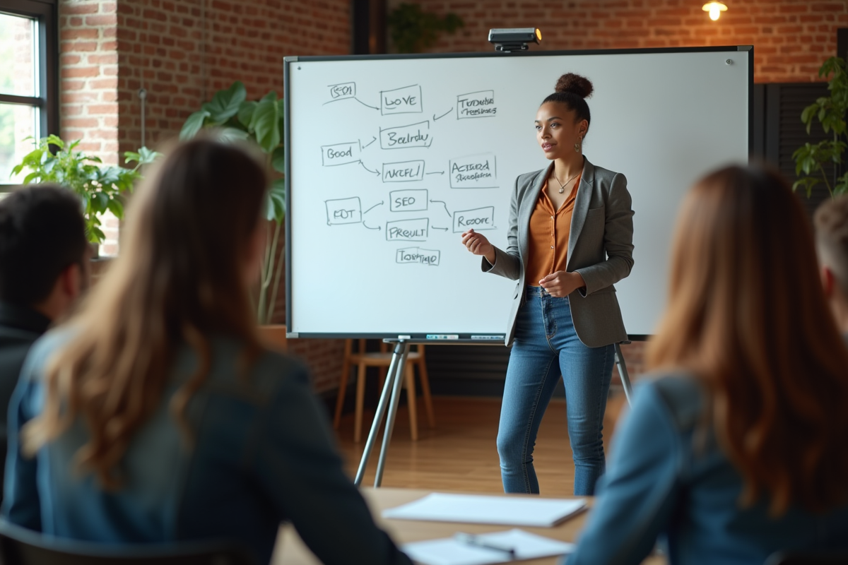 Femme confiante présentant stratégies SEO en coworking