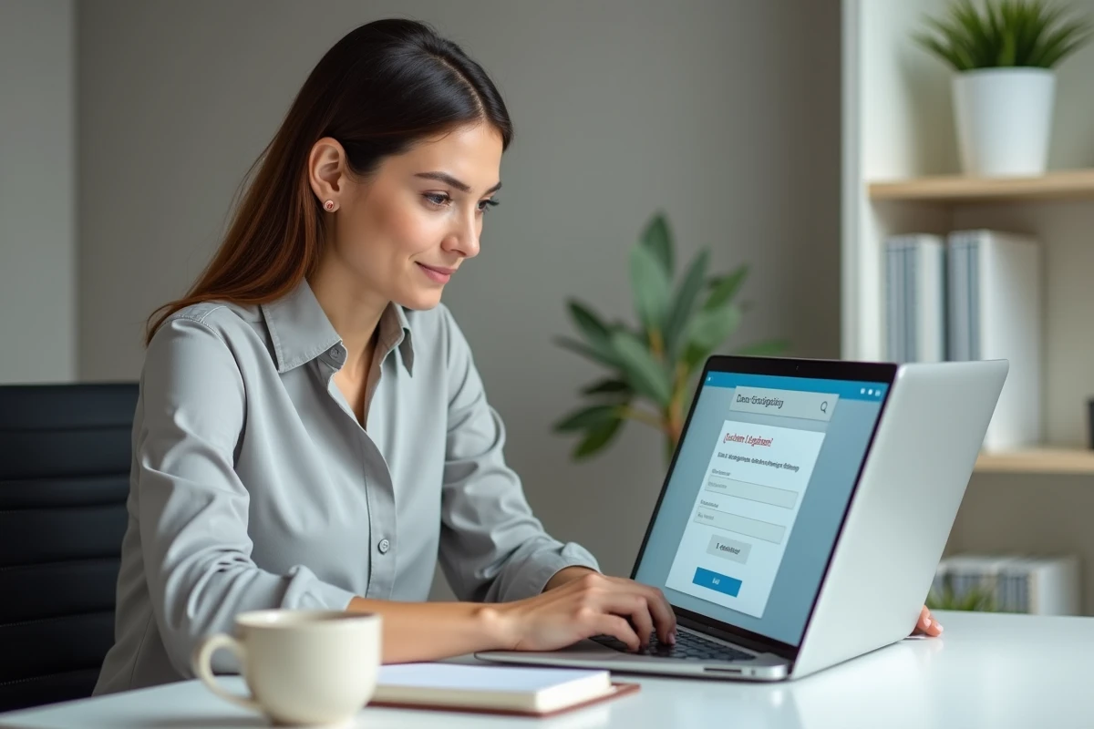 Femme professionnelle cherchant à résoudre un problème de connexion sur la messagerie web 1and1 depuis son bureau à domicile