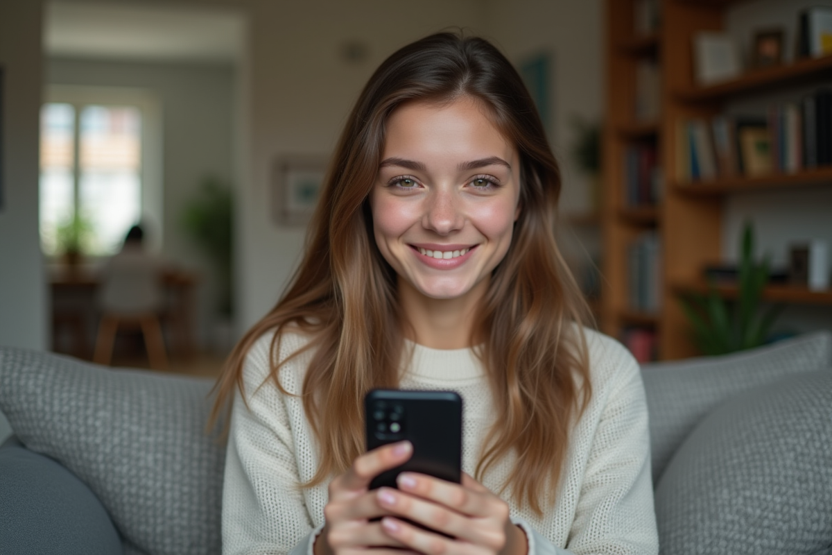 Jeune femme souriante utilisant la reconnaissance faciale à la maison