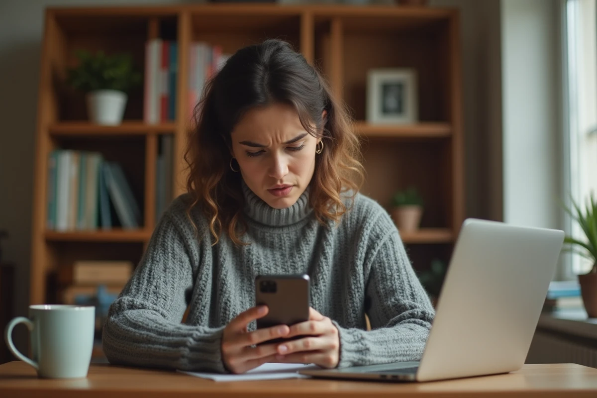 Femme consultant son smartphone pour récupérer des messages supprimés depuis un bureau à domicile