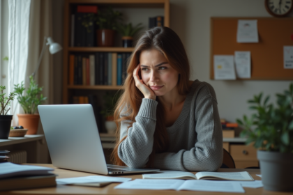 Femme pensant dans un bureau désordonné