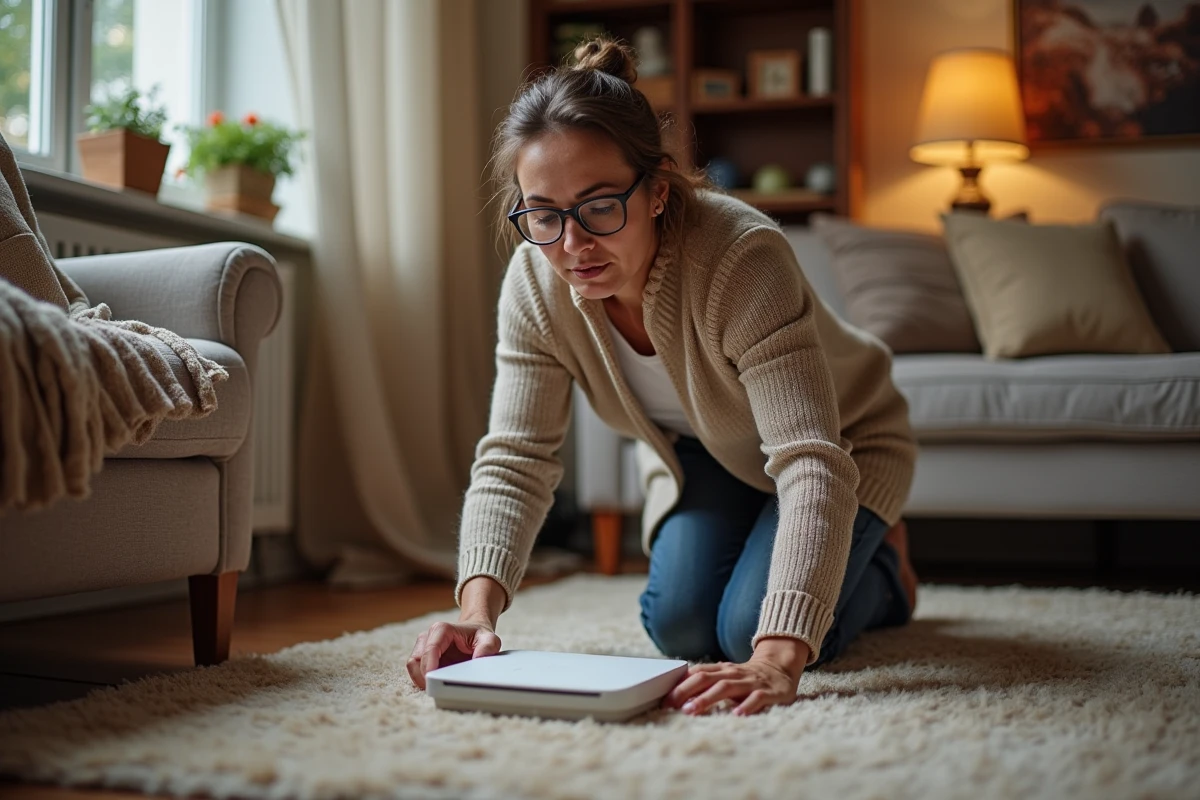Femme ajustant un routeur WiFi dans le salon
