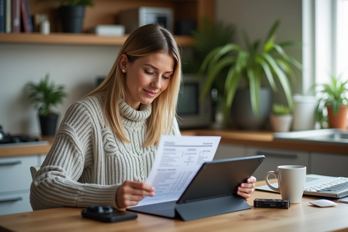 Femme examinant une fiche technique de carte graphique dans la cuisine