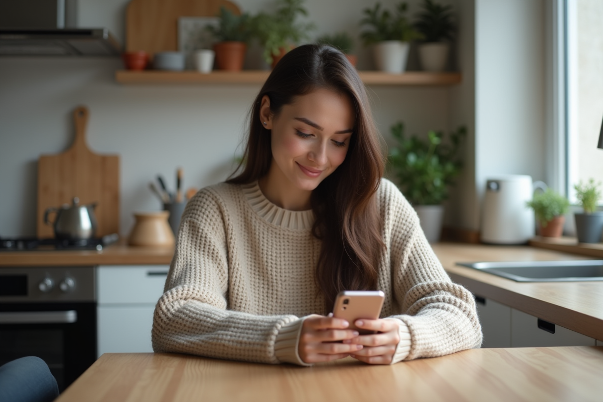Jeune femme assise à la cuisine vérifiant son smartphone