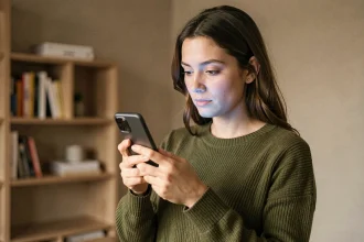 Femme tenant un smartphone Android entrée de gamme dans un appartement moderne, idéal pour illustrer le meilleur téléphone à 200 euros