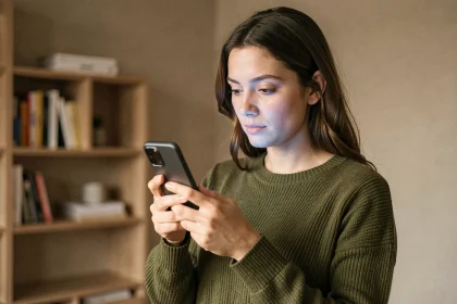 Femme tenant un smartphone Android entrée de gamme dans un appartement moderne, idéal pour illustrer le meilleur téléphone à 200 euros