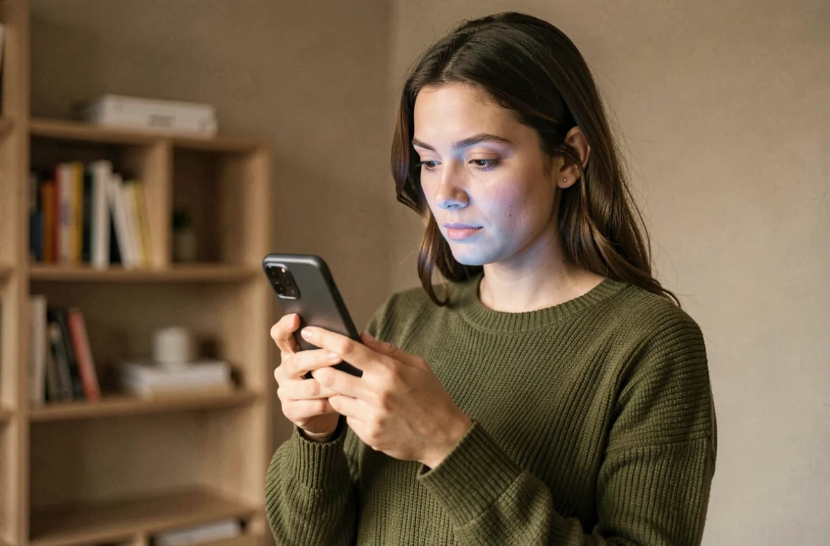 Femme tenant un smartphone Android entrée de gamme dans un appartement moderne, idéal pour illustrer le meilleur téléphone à 200 euros