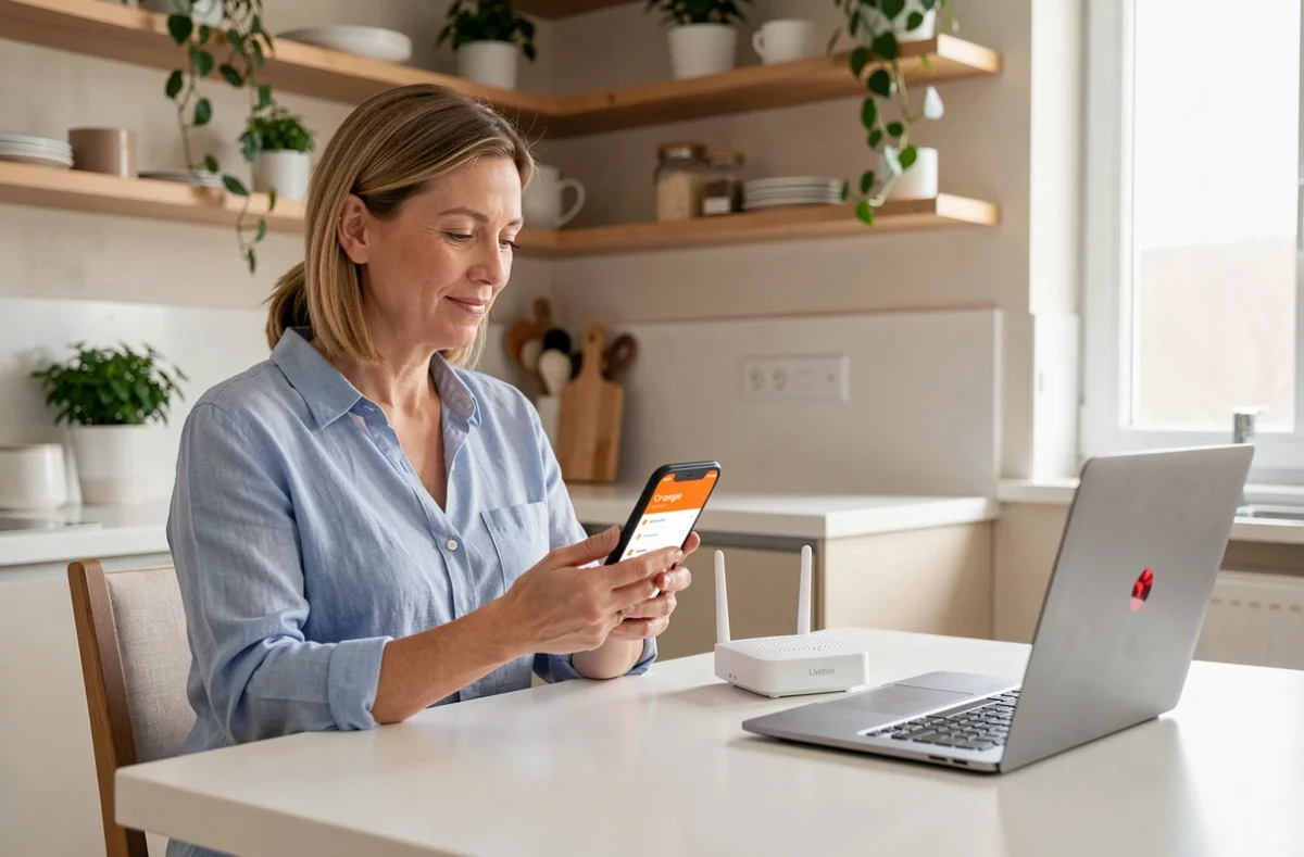 Femme consultant son application Orange sur smartphone à côté d'une Livebox affichant une erreur de connexion