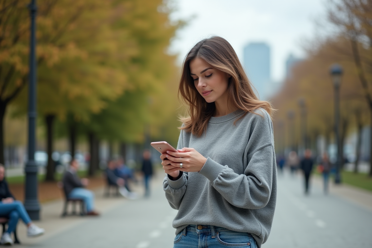 Femme dans un parc urbain utilisant son smartphone