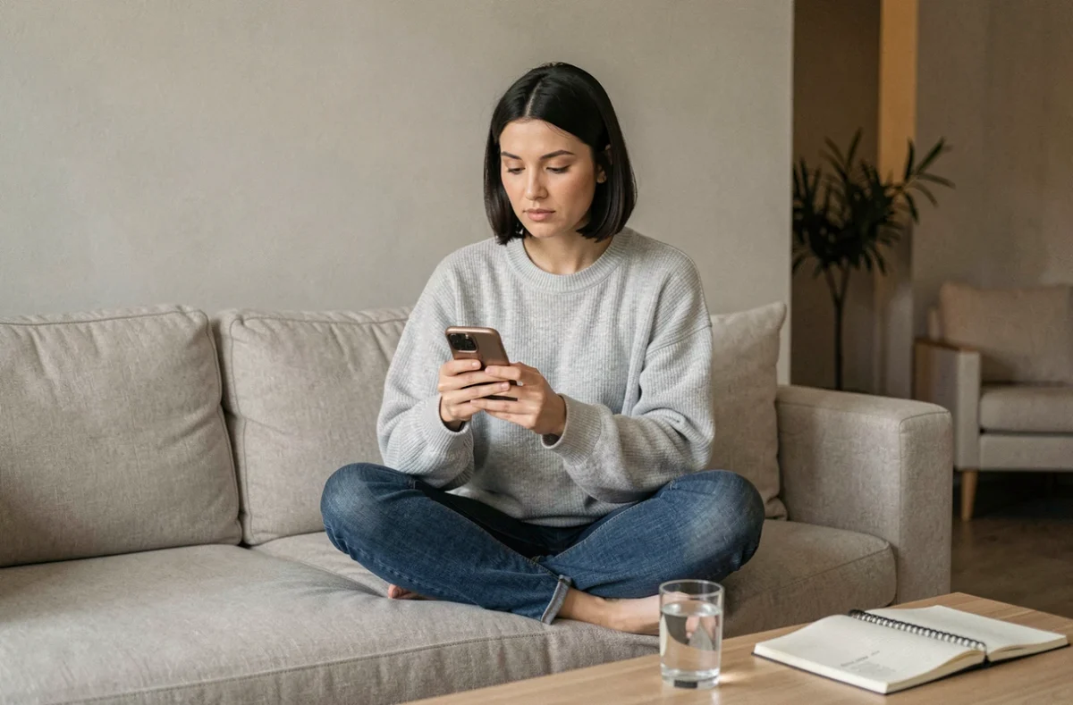 Femme consultant son smartphone pour trouver la nouvelle adresse fiable d'un site web inaccessible