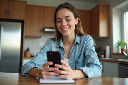 Femme assise à la cuisine envoie un SMS sur son smartphone