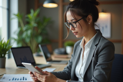 Jeune femme d'affaires analysant des graphiques SEO sur tablette