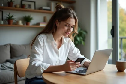 Jeune femme utilisant tablette et laptop à la maison