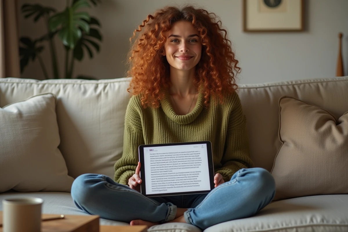Jeune femme souriante consultant un texte récupéré depuis un PDF sur sa tablette dans un salon cosy
