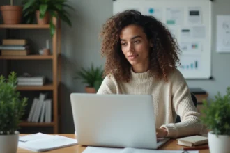 Femme concentrée travaillant sur un ordinateur dans un bureau moderne