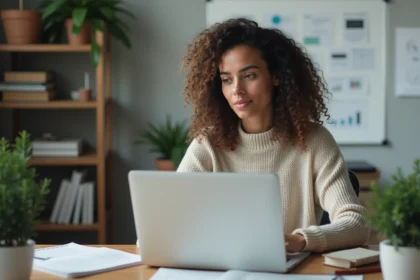 Femme concentrée travaillant sur un ordinateur dans un bureau moderne