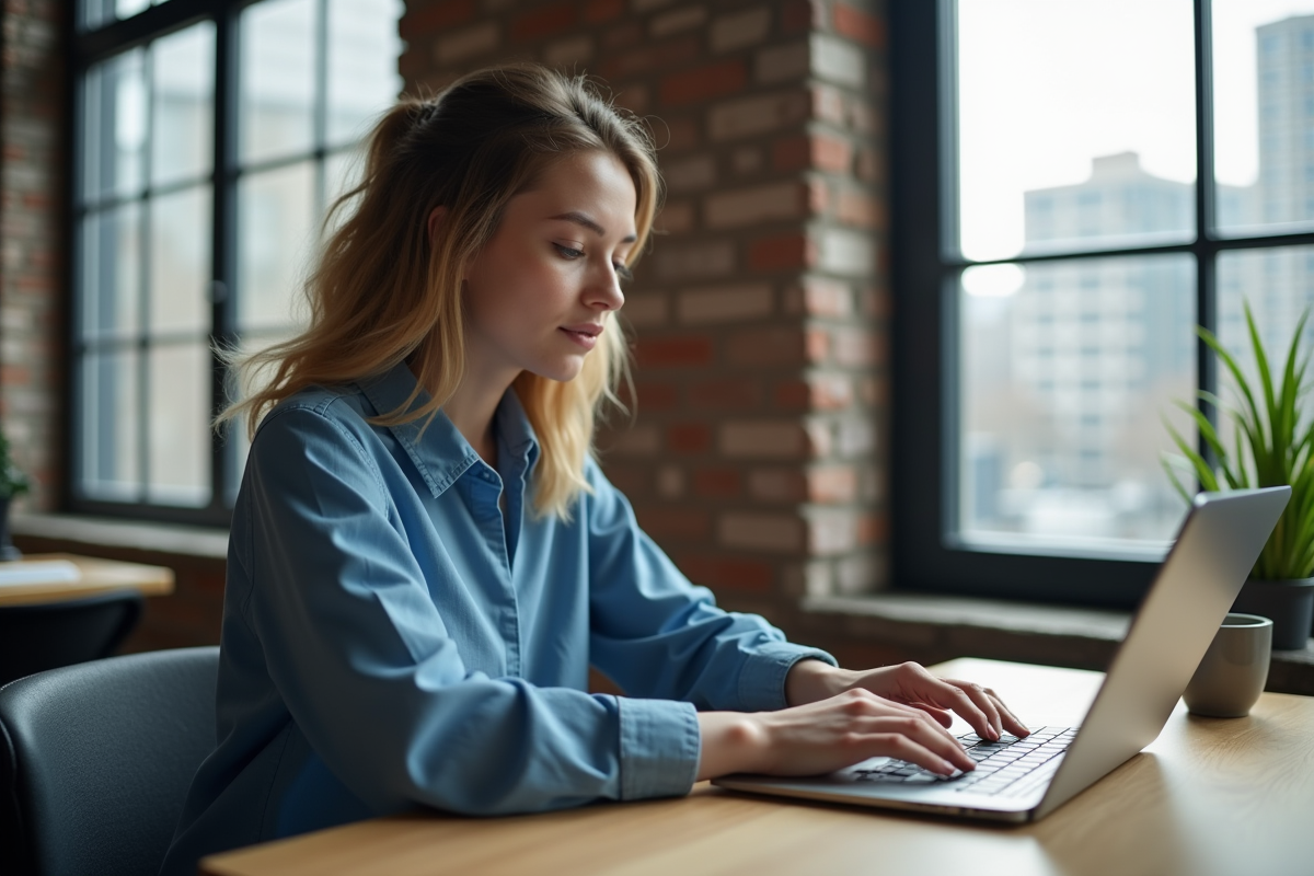 Jeune femme utilisant une tablette et un ordinateur dans un espace moderne