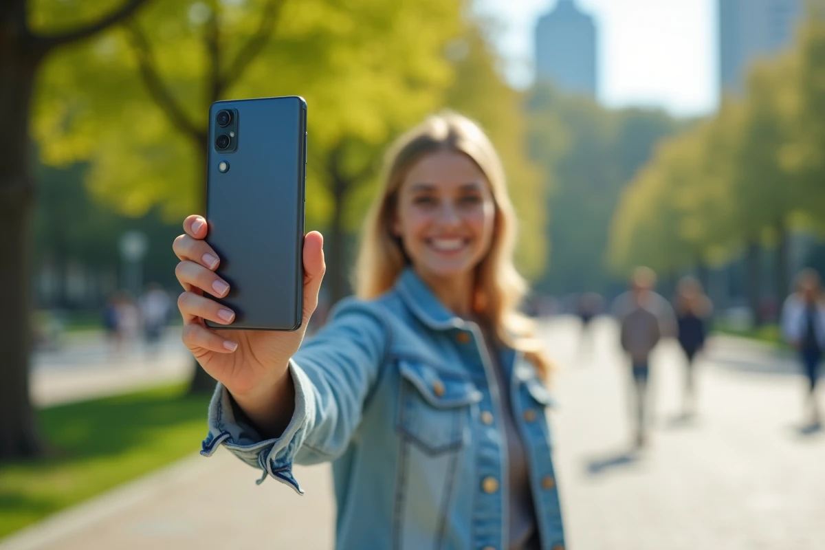 Jeune femme utilisant un smartphone Google Pixel 8a pour photographier dans un parc urbain