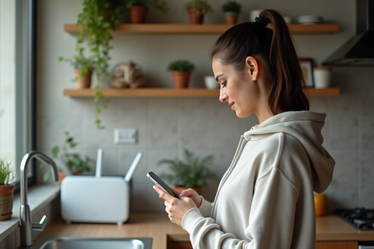 Jeune femme dans la cuisine utilisant son smartphone avec une application de mot de passe